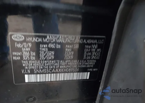 2019 Hyundai Santa Fe Limited 2.0T from USA, damaged, VIN 5NMS5CAAXKH089534